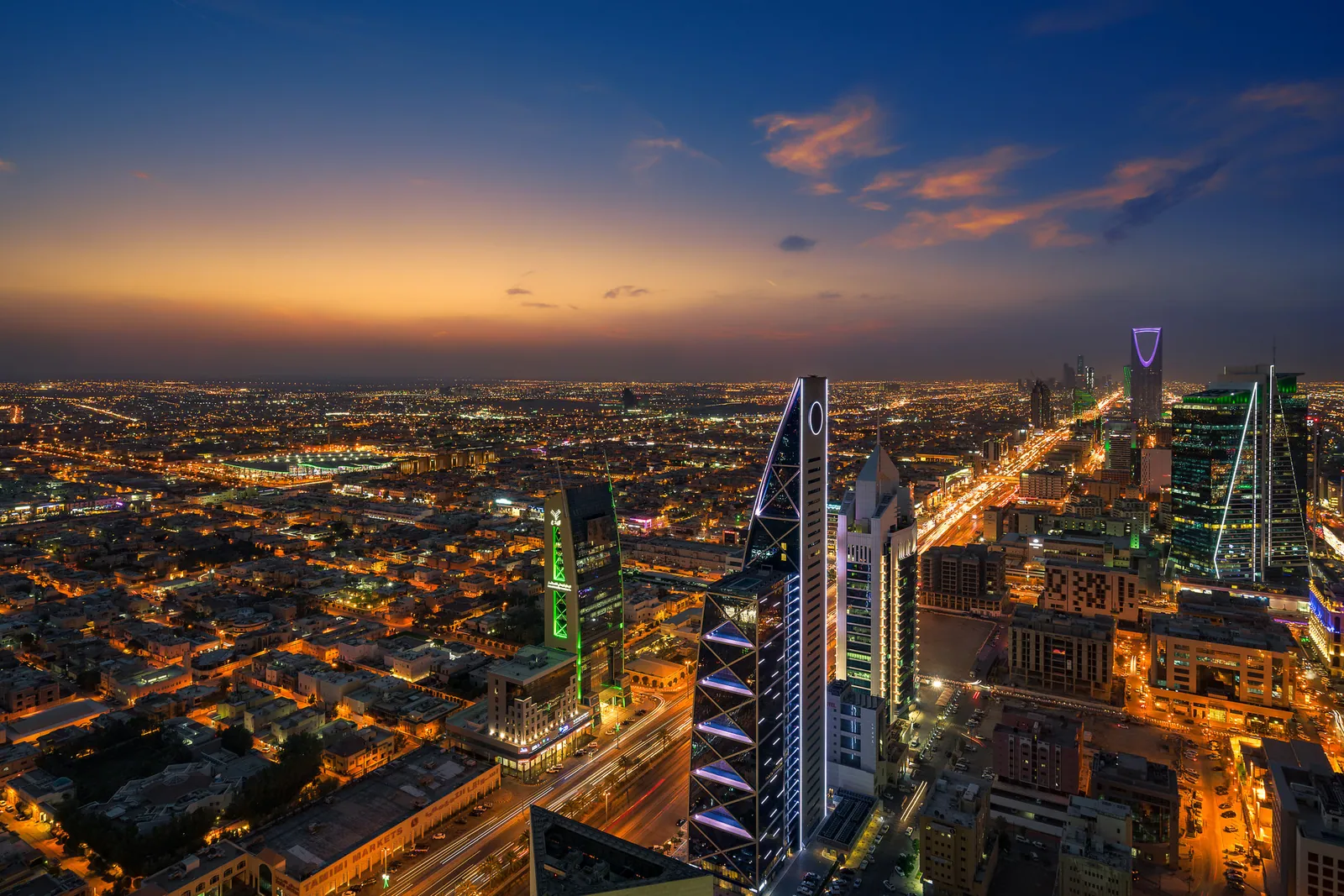 King Fahd Road running through Riyadh, with the city's towers rising along it