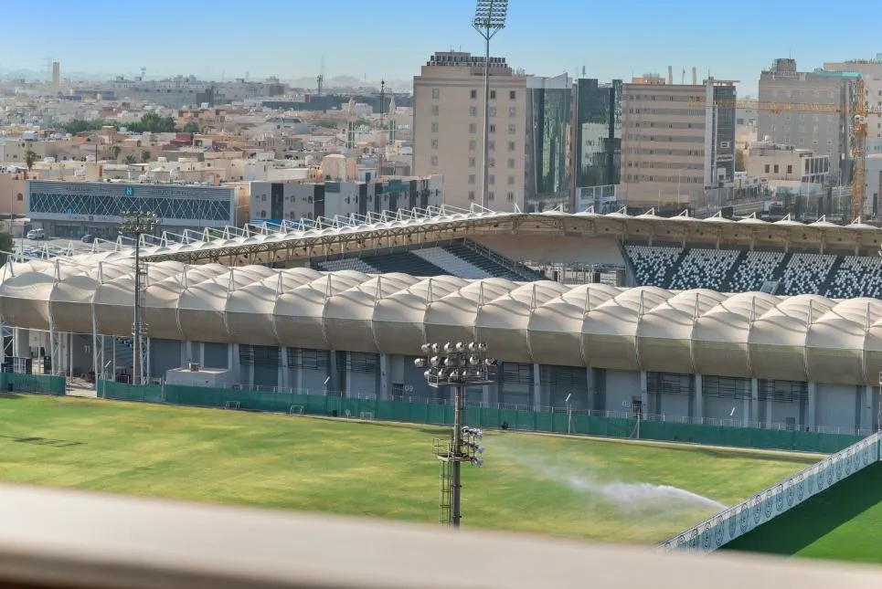 View of AlShabab Stadium from serviced apartment near KAFD with balcony